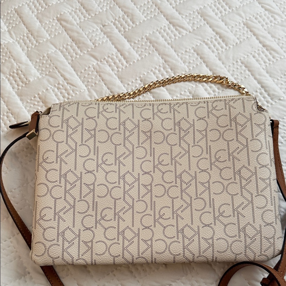 Calvin Klein Cream Monogram Chain Crossbody with Brown Strap - Picture 3 of 8